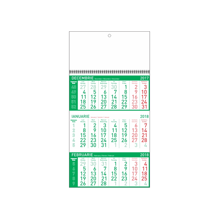 Calendar de perete triptic Standard verde, cu cap alb