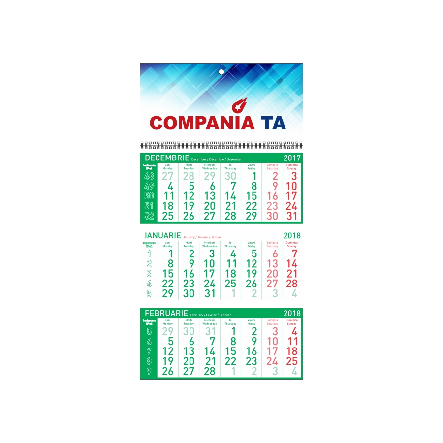 Calendar de perete triptic Standard verde, personalizat