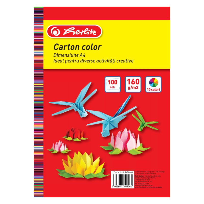 Carton colorat 160g/mp 100coli, Diverse culori Herlitz imagine 2022 cartile.ro
