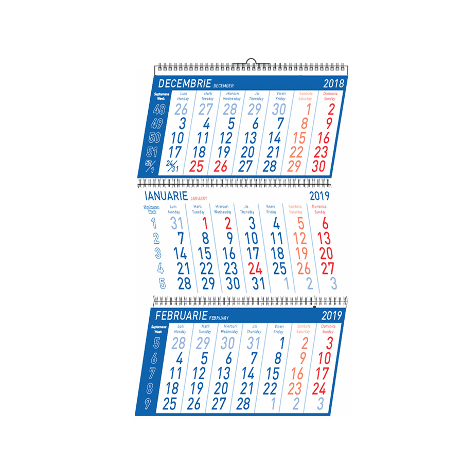 Calendar de perete triptic Standard pliabil, 12 file, albastru cu agatatoare Akko poza 2021