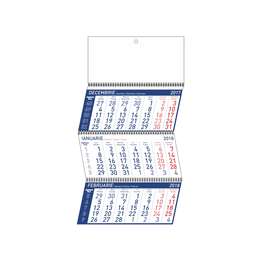 Calendar de perete triptic Standard pliabil, albastru, cu cap alb