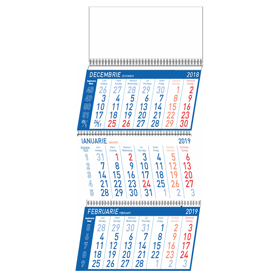 Calendar de perete triptic Standard pliabil, 12 file, albastru cu cap alb
