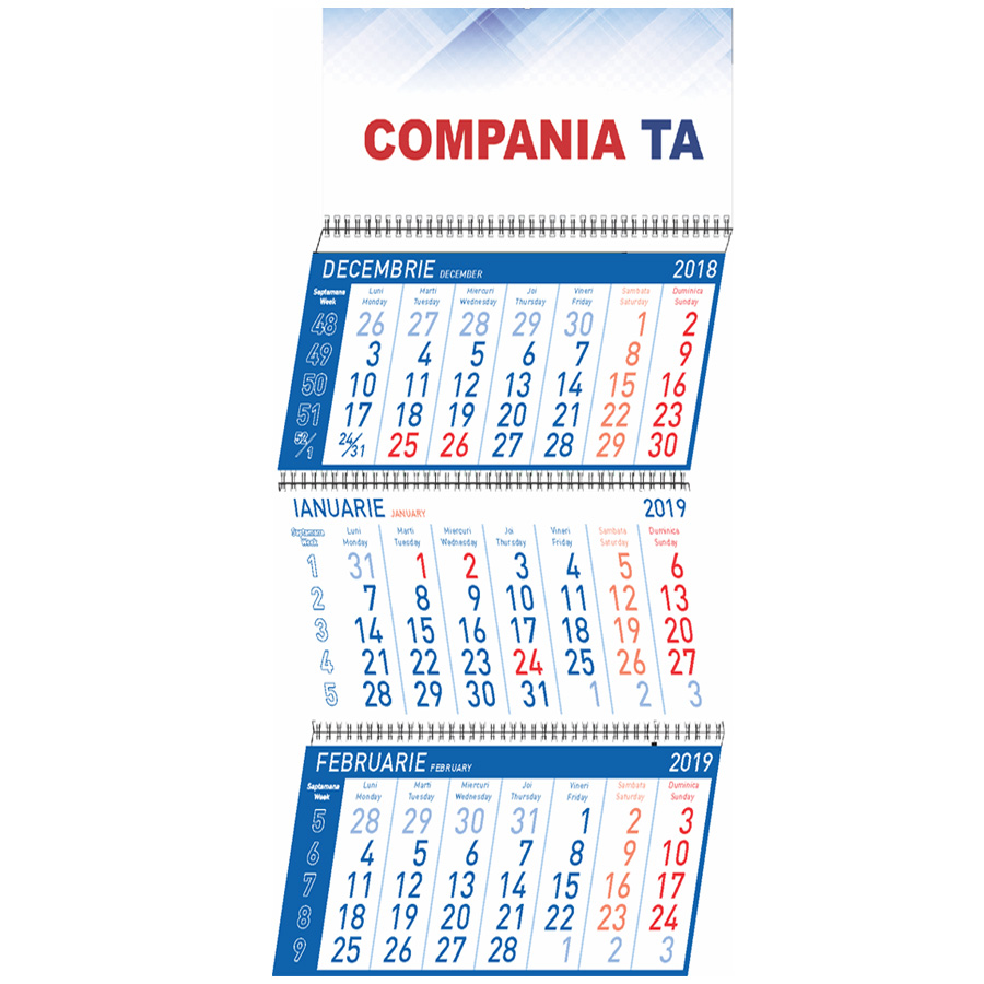 Calendar de perete triptic Standard pliabil, 12 file, albastru, personalizat Akko poza 2021