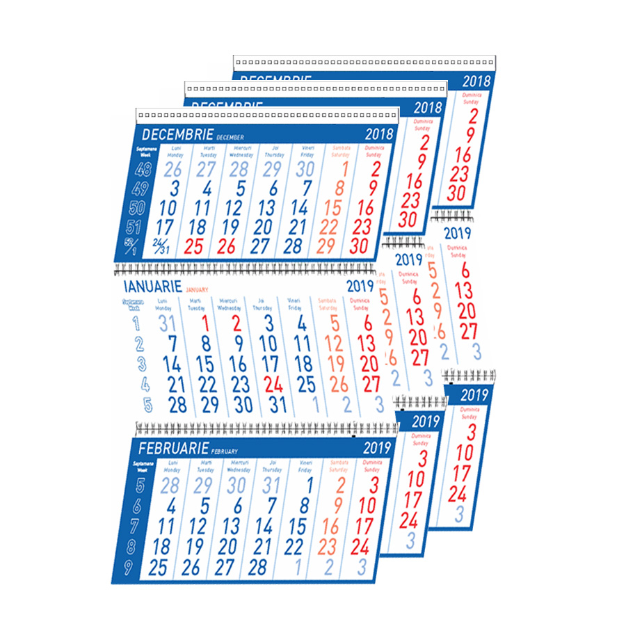 Calendar de perete triptic Standard pliabil, 12 file, albastru, personalizabil