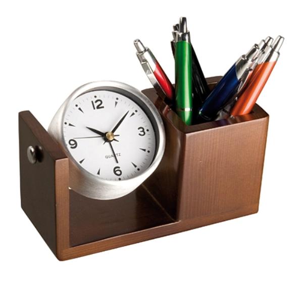 Ceas de birou aluminiu + suport instrumente de scris din lemn, 17×7.3×8.2 cm rik.ro imagine 2022 cartile.ro