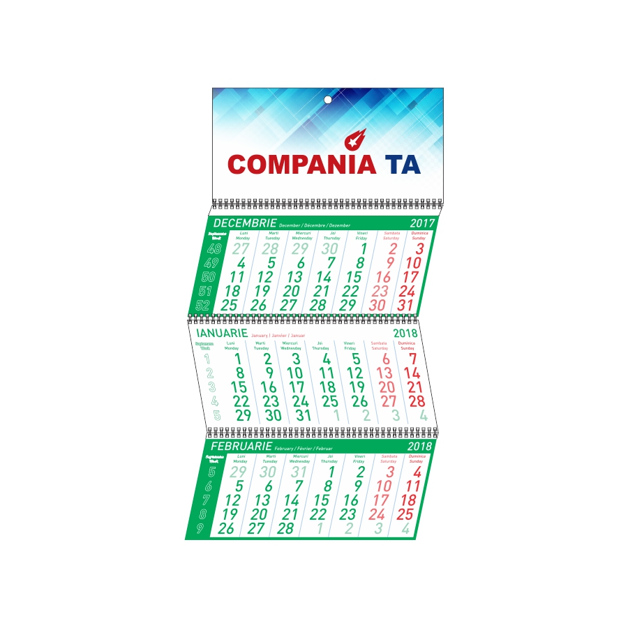 Calendar de perete triptic Standard pliabil, verde, personalizat Akko imagine 2022 cartile.ro
