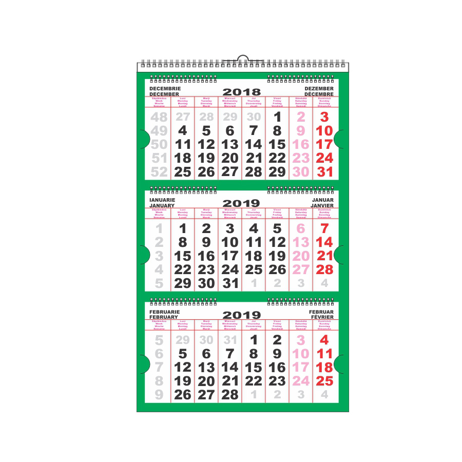 Calendar de perete Triptic Premium, 12 file, verde cu agatatoare