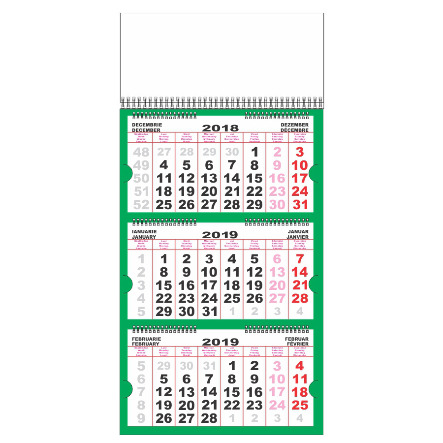 Calendar de perete Triptic Premium, 12 file, verde cu cap alb