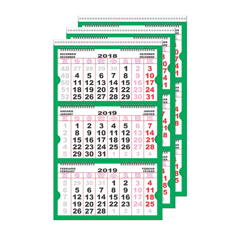 Calendar de perete Triptic Premium, verde, 12 file, personalizabil Akko