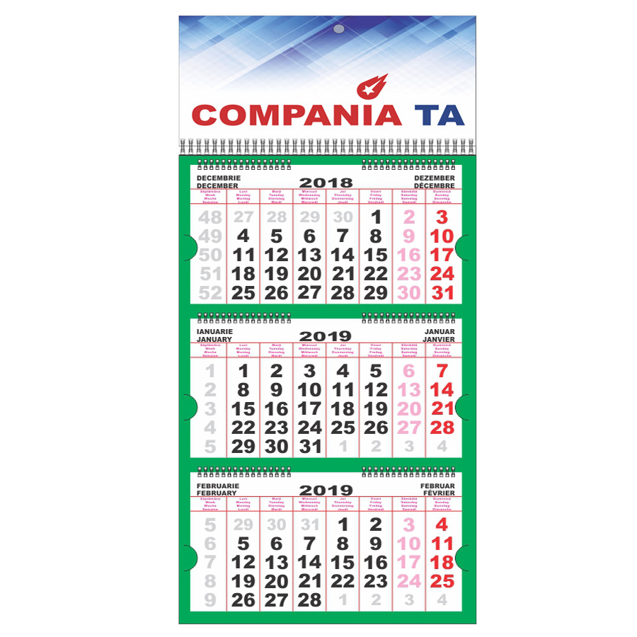 Calendar de perete Triptic Premium, 12 file, verde, personalizat Akko imagine 2022 cartile.ro