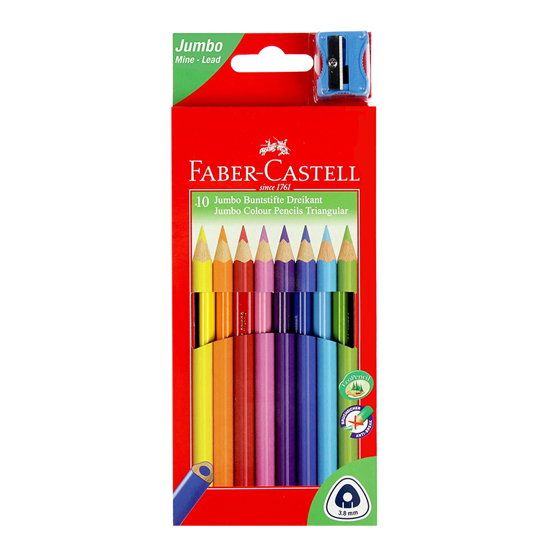Creioane color Jumbo, 10 culori, ascutitoare inclusa, Faber-Castell Faber-Castell