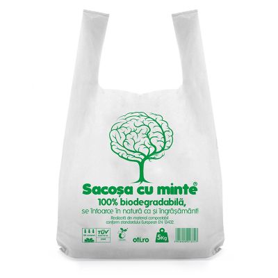 Sacosi biodegradabile cu maner, 5kg, 40x50cm, 50buc/set, Oti Green