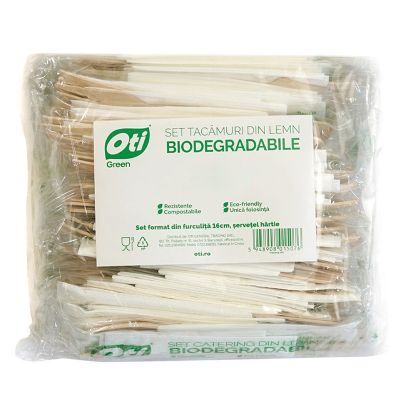 Set tacamuri din lemn biodegradabil, furculita + cutit + servetel, 100buc/set, Oti