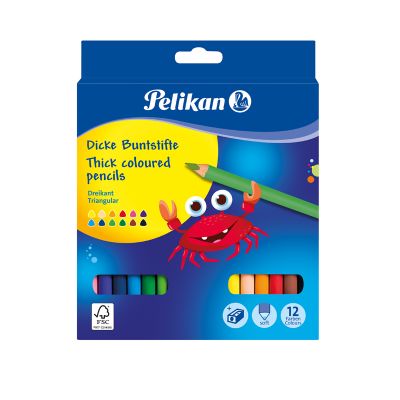 Creioane colorate groase, 12culori, triunghiulare, cu ascutitoare, Pelikan Jumbo
