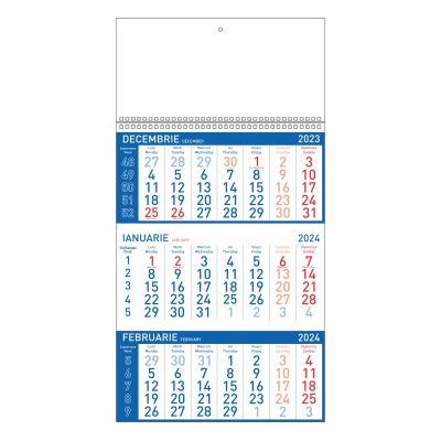 Calendar de perete triptic Standard, 12 file, albastru, cu cap alb