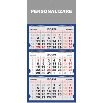 Calendar de perete Triptic Premium, 12 file, albastru, personalizat