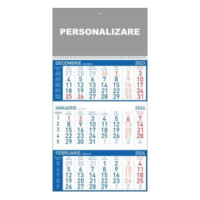 Calendar de perete triptic Standard, 12 file, albastru, personalizat