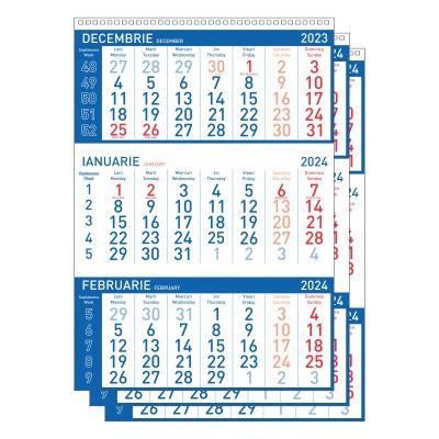 Calendar de perete triptic Standard, 12 file, albastru, adunat, perforat, nelegat