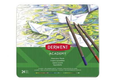 Creioane acuarela, 24buc/set, cutie metalica, diverse culori, Derwent Academy