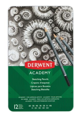 Creioane Grafit, 12 buc/set, 6B-5H, cutie metalica, negru, Derwent Academy