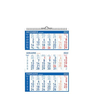 Calendar de perete triptic Standard, 12 file, albastru, cu agatatoare