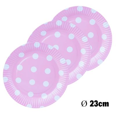 Farfurii carton, pt. party, cu buline, 23 cm, 10 buc/set, roz