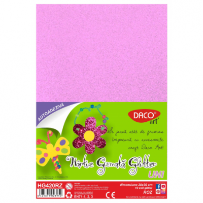 Hartie gumata autoadeziva, glitter roz, 20x30cm 10 coli/set, Daco