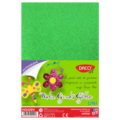 Hartie gumata autoadeziva, glitter verde, 20x30cm 10 coli/set, Daco