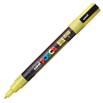 Marker cu vopsea 0.9 - 1.3mm, varf rotund, cu sclipici, Uni Posca PC-3ML, galben