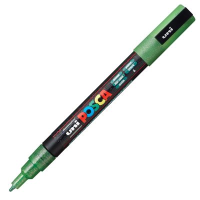 Marker cu vopsea 0.9 - 1.3mm, varf rotund, cu sclipici, Uni Posca PC-3ML, verde