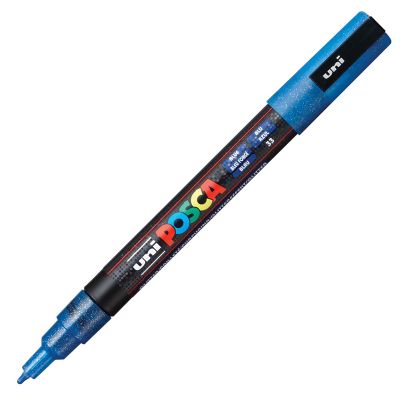 Marker cu vopsea 0.9 - 1.3mm, varf rotund, cu sclipici, Uni Posca PC-3ML, albastru