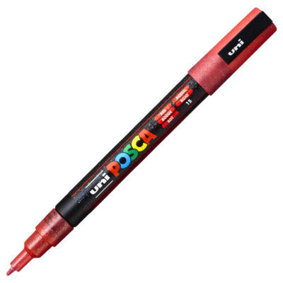 Marker cu vopsea 0.9 - 1.3mm, varf rotund, cu sclipici, Uni Posca PC-3ML, rosu