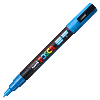 Marker cu vopsea 0.9 - 1.3mm, varf rotund, cu sclipici, Uni Posca PC-3ML, albastru deschis