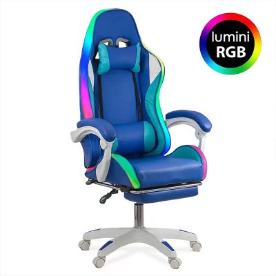 Scaun gaming cu suport picioare si lumini RGB, OFF 298, albastru