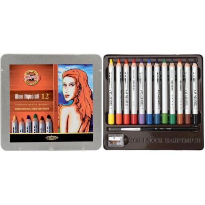 Creioane colorate +pensula si ascutitoare, 12buc/set, Aquarell Wax Koh-I-Noor
