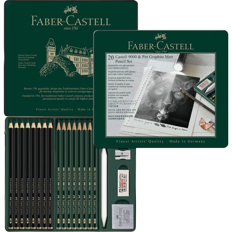 Creioane grafit, 20buc/set, grafit mat + castell 9000, Faber-Castell