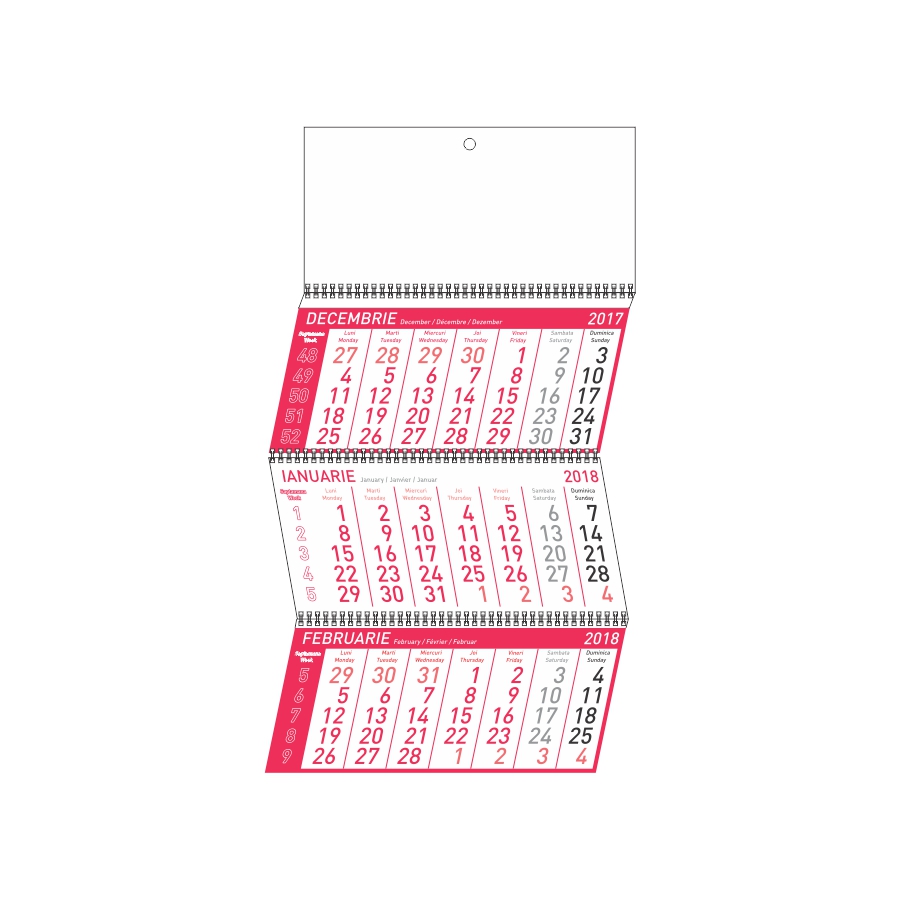 Calendar de perete triptic Standard pliabil, rosu, cu cap alb Akko