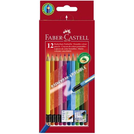 Creioane color 12 culori, hexagonale, cu guma, Faber-Castell